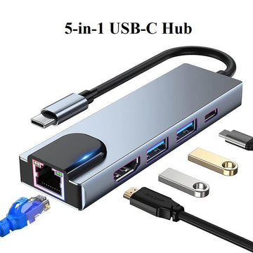 USB C Hub Multiport 5-in-1 Adapter USB C Docking Station with 4K HDMI RJ45 Ethernet 2x USB3.0 100W PD - Imported from UK